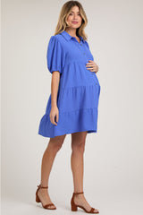 Blue Button Front Tiered Collared Maternity Dress from PinkBlush