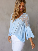 3/4 Sleeve Crochet Blouse in Light Blue from MsDressly