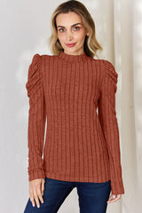 Basic Bae Full Size Ribbed Mock Neck Puff Sleeve T-Shirt from Enfance-Heureuse