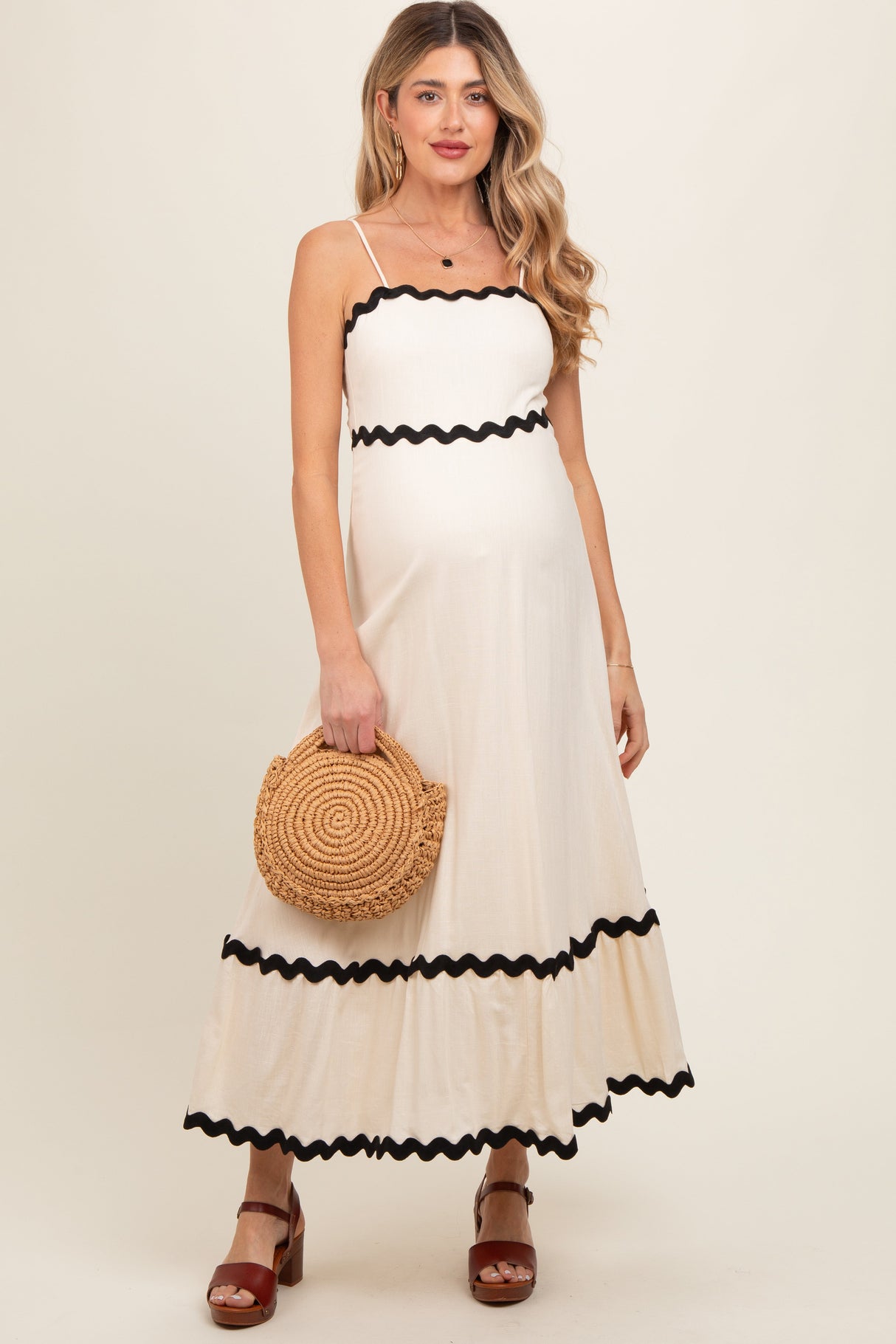 Beige Colorblock Trim Maternity Midi Dress from PinkBlush