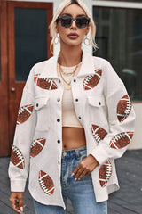 Beige Bubble Gum Texture Sequined Rugby Football Shacket from MsDressly