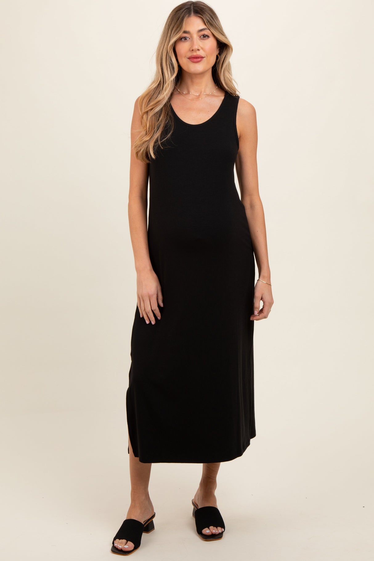 Black Ribbed Sleeveless Maternity Midi Dress from PinkBlush