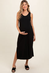 Black Ribbed Sleeveless Maternity Midi Dress from PinkBlush