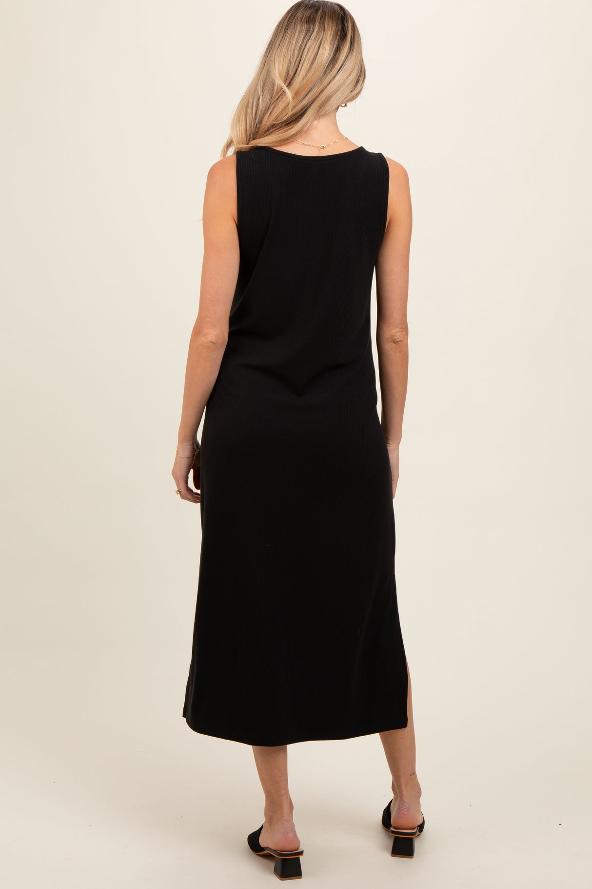 Black Ribbed Sleeveless Maternity Midi Dress from PinkBlush