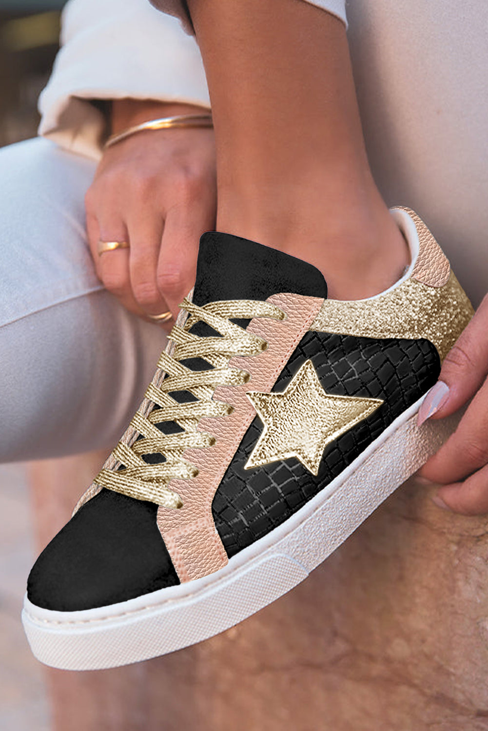 Clare Gold Glitter Star Lace-up Sneakers from Threaded Pear