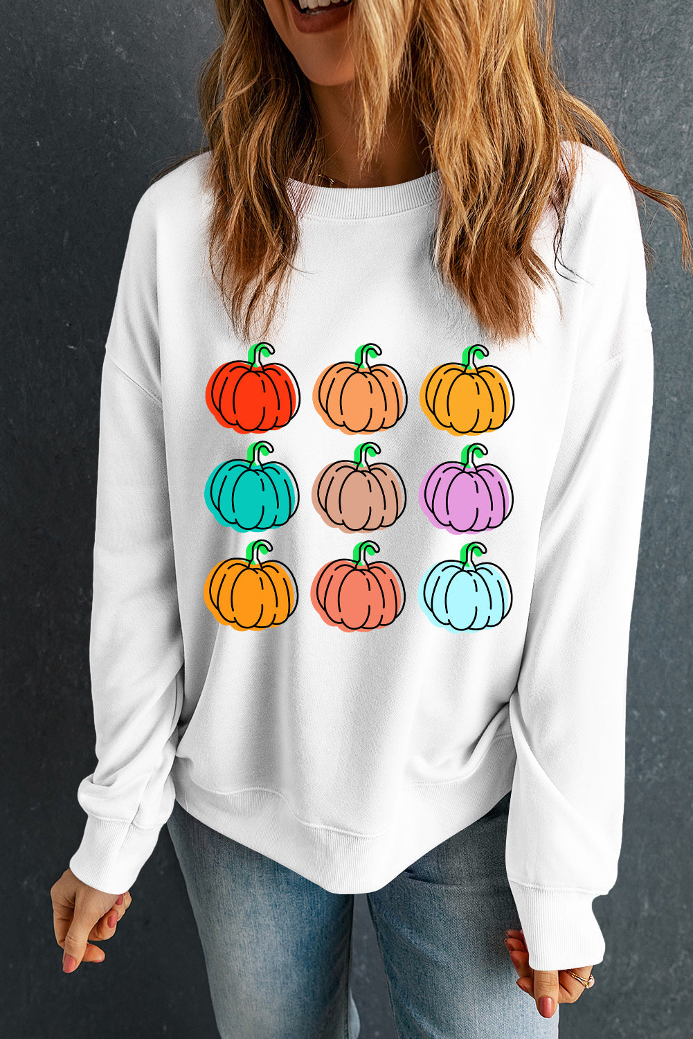 Beige Vibrant Pumpkins Print Crew Neck Halloween Sweatshirt from MsDressly