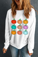 Beige Vibrant Pumpkins Print Crew Neck Halloween Sweatshirt from MsDressly