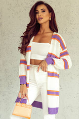 Beige Button-Up Striped Cardigan with Ribbed Trim and Long Sleeves from MsDressly