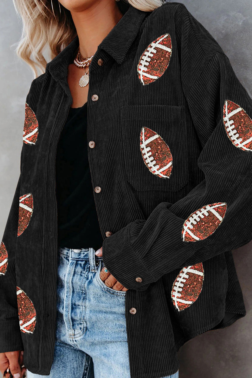 Black Sequin Rugby Pattern Buttoned Corduroy Shacket from MsDressly