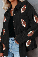 Black Sequin Rugby Pattern Buttoned Corduroy Shacket from MsDressly