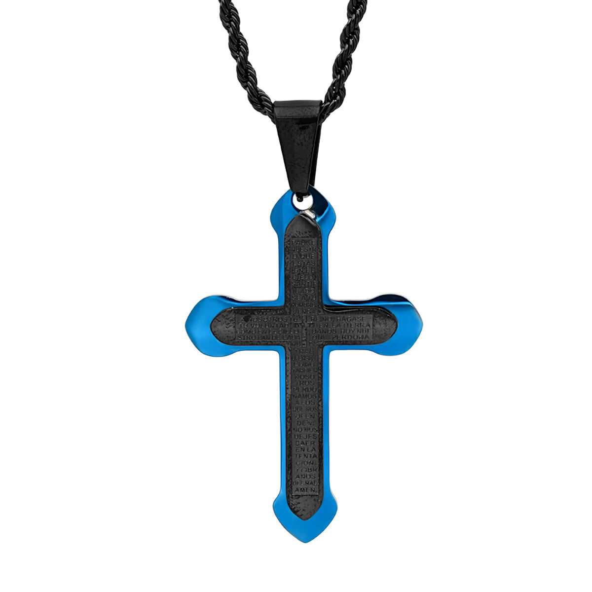 Black And Blue Ip Padre Nuestro Spanish Prayer Cross Pendant From Steel Time