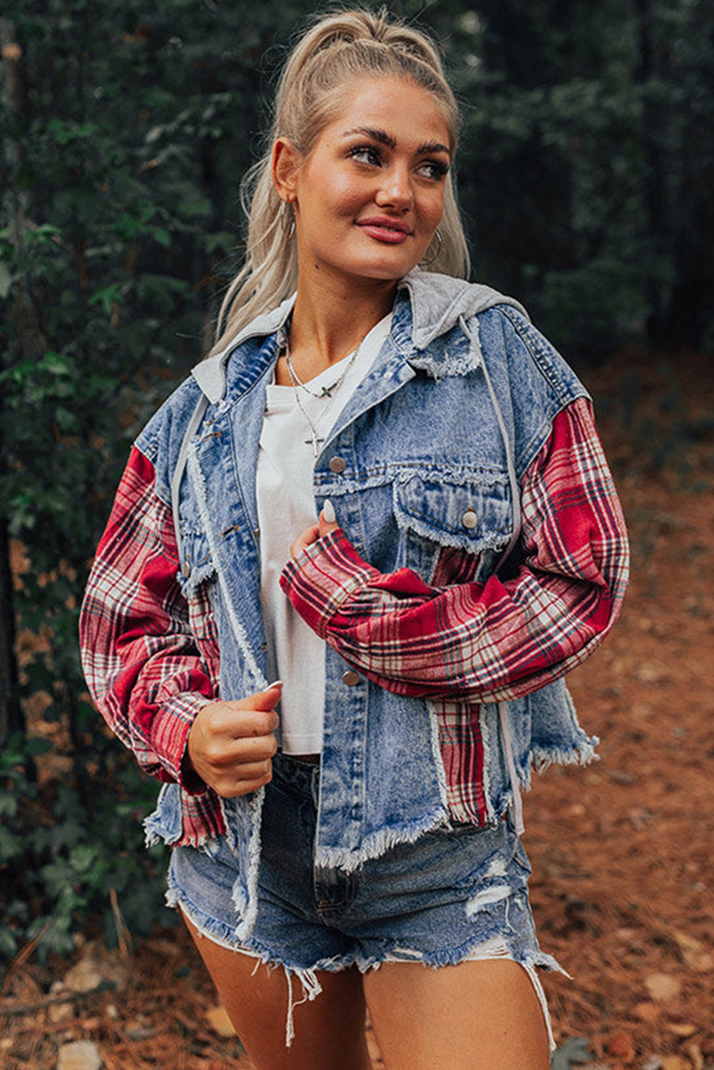 Beau Blue Plaid Print Patchwork Hooded Raw Hem Denim Jacket from MsDressly