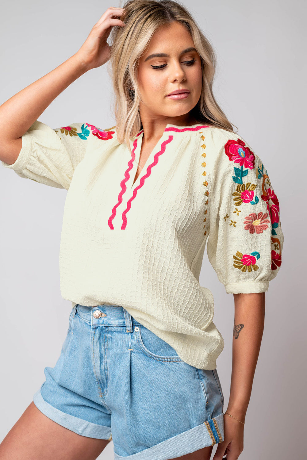 Beige Floral Embroidered Ricrac Puff Sleeve Textured Blouse from MsDressly