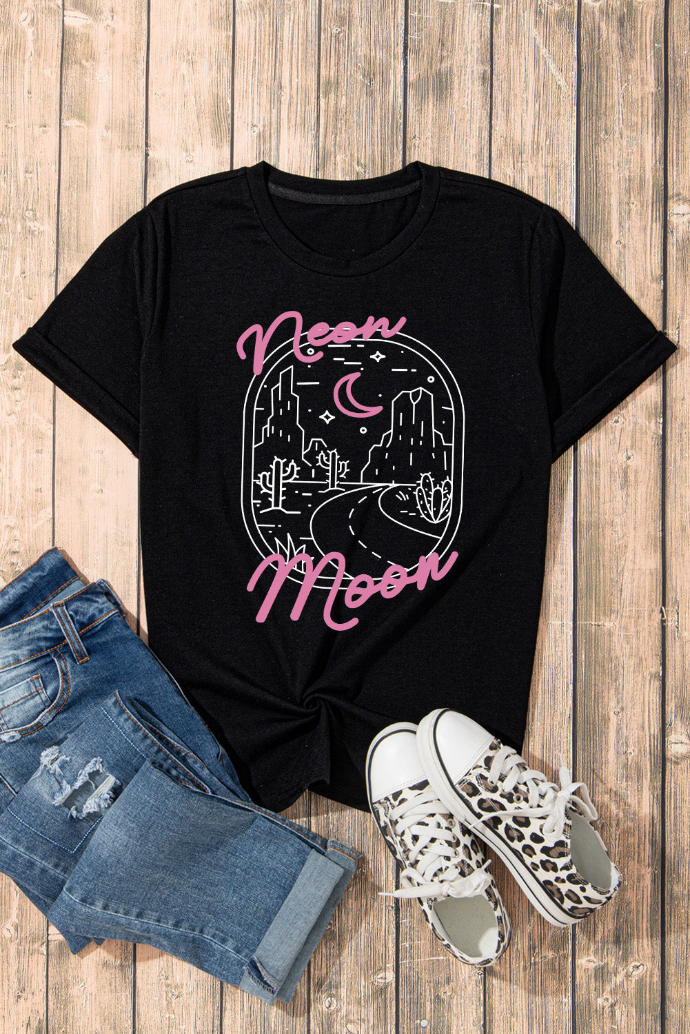 Black neon moon Letter Graphic Short Sleeve Top from MsDressly
