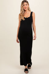 Black Ribbed Scalloped Neck Sleeveless Low Back Maternity Maxi Dress from PinkBlush