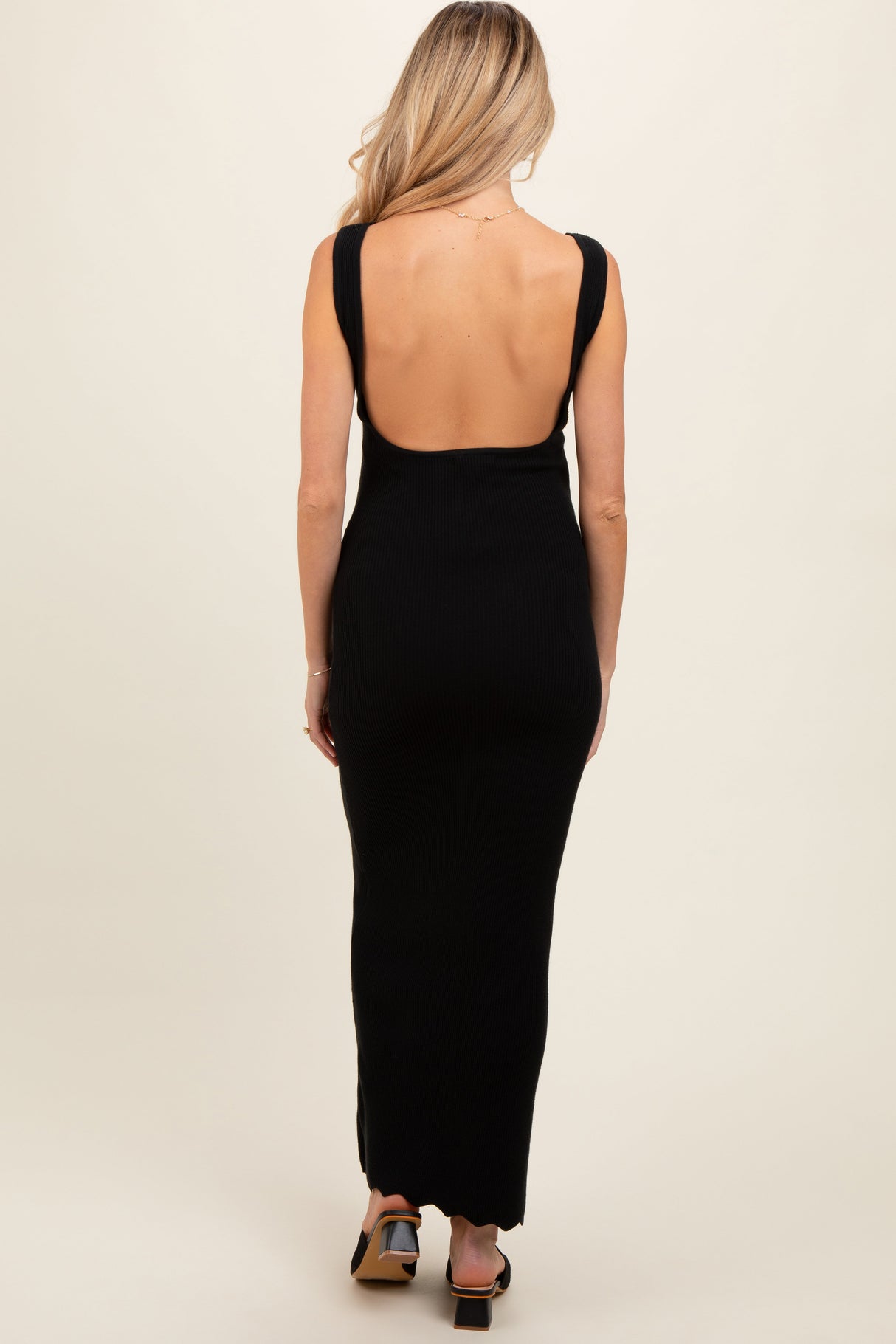 Black Ribbed Scalloped Neck Sleeveless Low Back Maternity Maxi Dress from PinkBlush