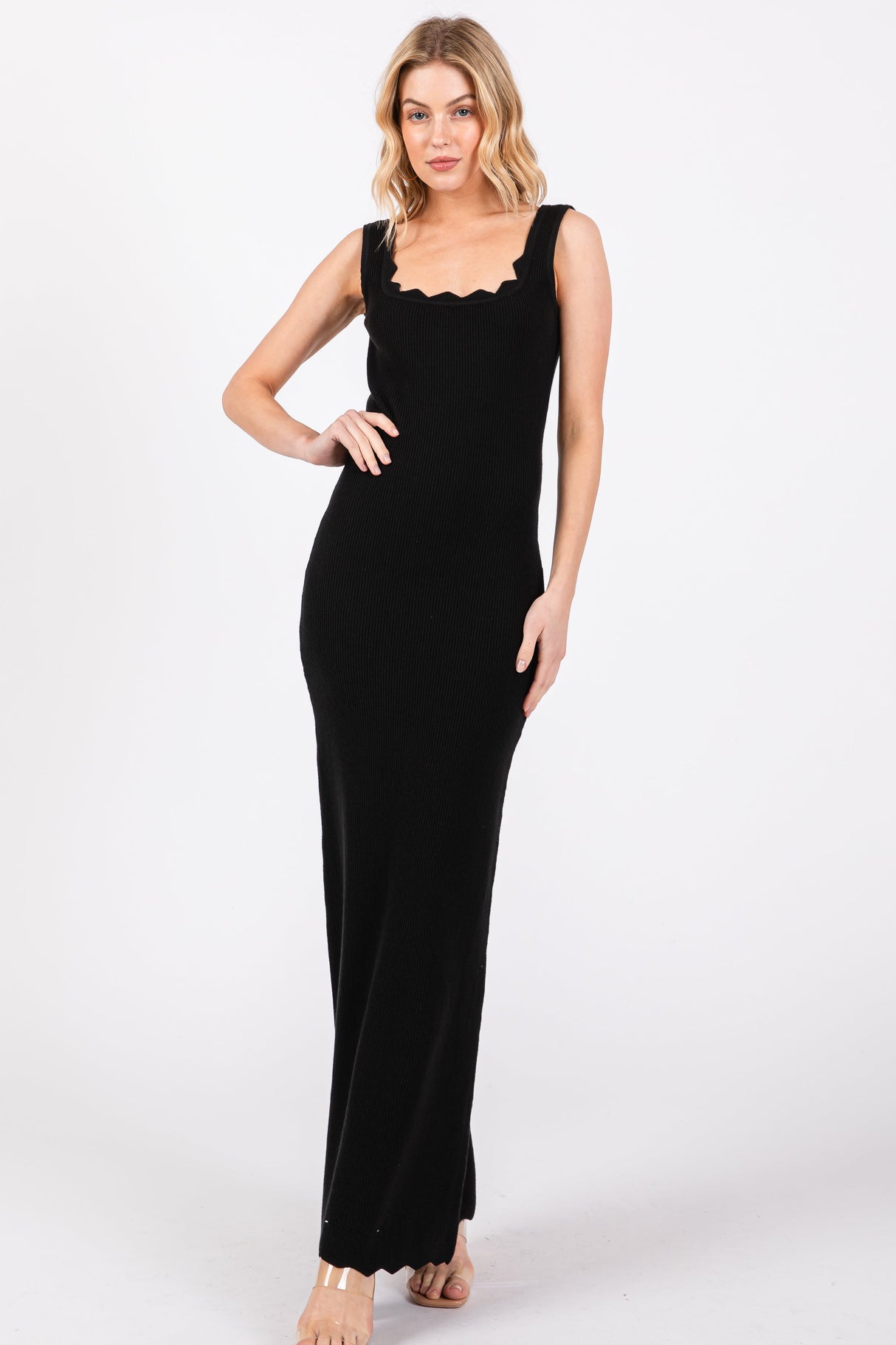 Black Ribbed Scalloped Neck Sleeveless Low Back Maternity Maxi Dress from PinkBlush