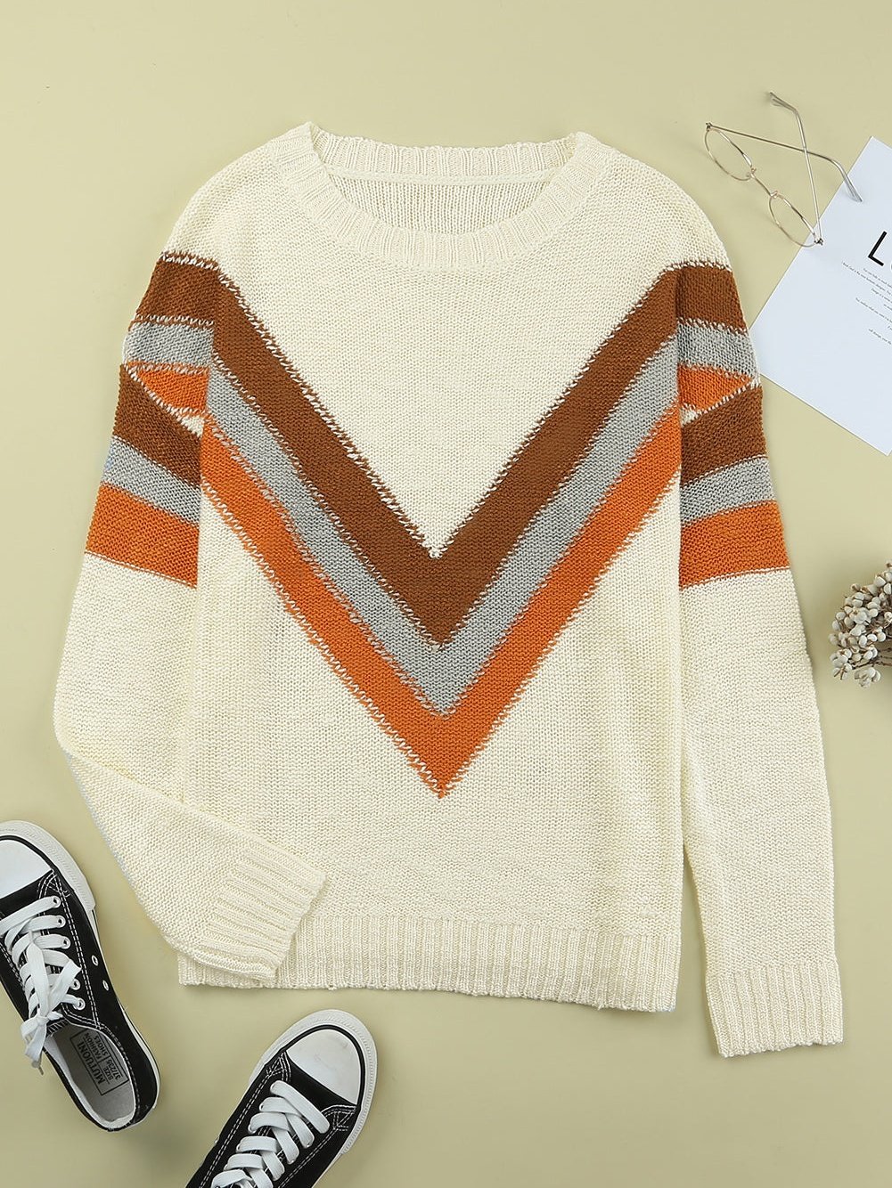Beige Chevron Stripe Drop Shoulder Knit Pullover from MsDressly