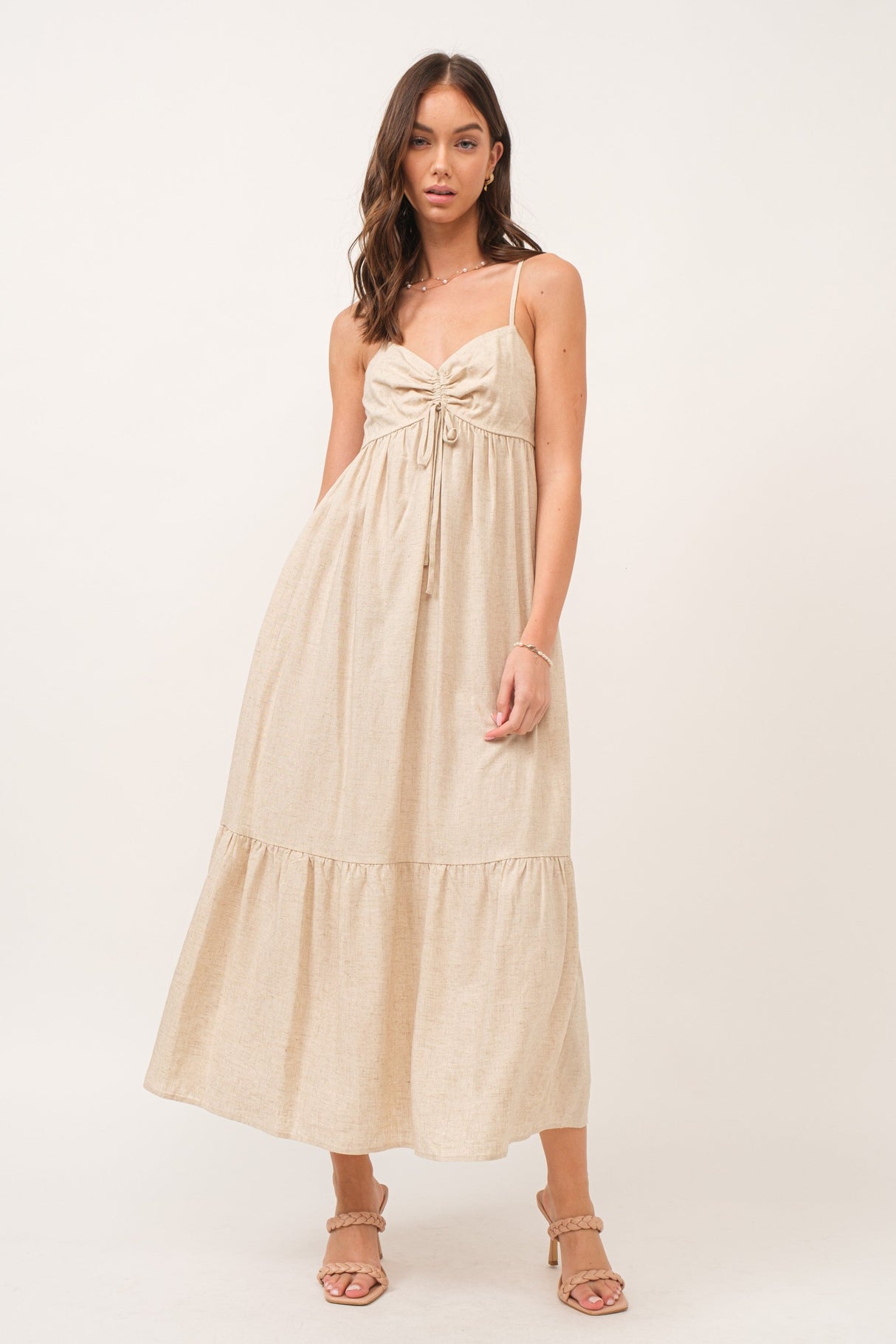 Beige Linen Front Cinch Maternity Midi Dress from PinkBlush