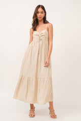 Beige Linen Front Cinch Maternity Midi Dress from PinkBlush