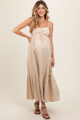 Beige Linen Front Cinch Maternity Midi Dress from PinkBlush