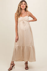 Beige Linen Front Cinch Maternity Midi Dress from PinkBlush