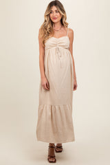 Beige Linen Front Cinch Maternity Midi Dress from PinkBlush