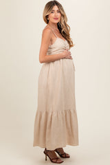 Beige Linen Front Cinch Maternity Midi Dress from PinkBlush