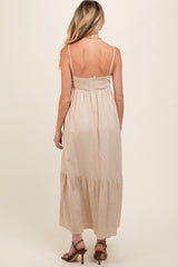 Beige Linen Front Cinch Maternity Midi Dress from PinkBlush