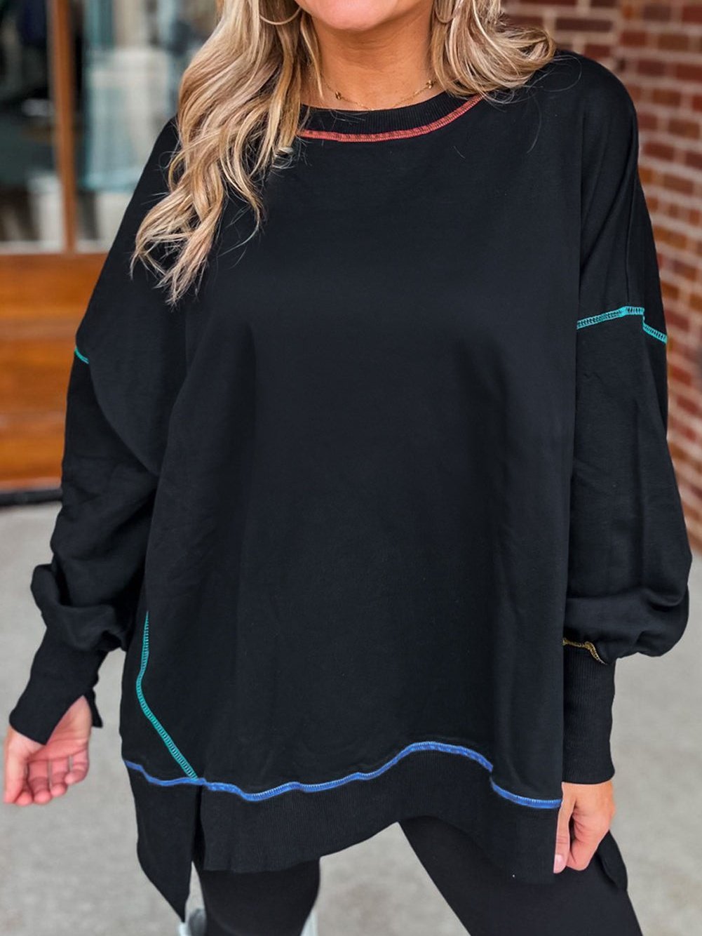 Black Oversized Split Stitch Sweatshirt from MsDressly
