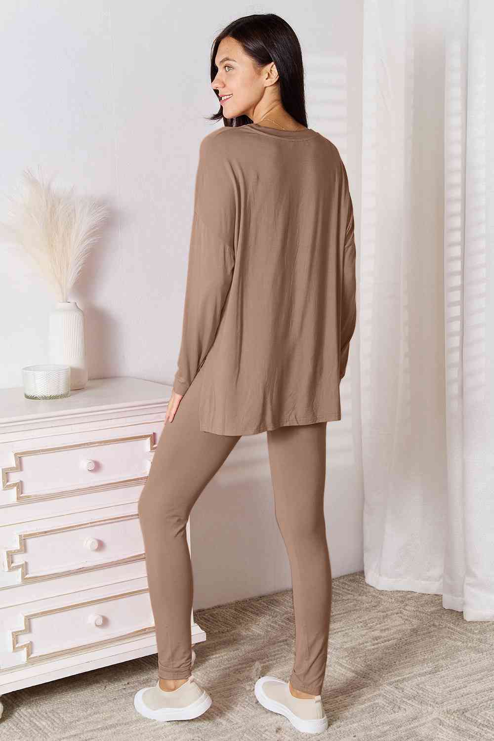 Basic Bae Full Size V-Neck Soft Rayon Long Sleeve Top and Pants Lounge Set from Enfance-Heureuse