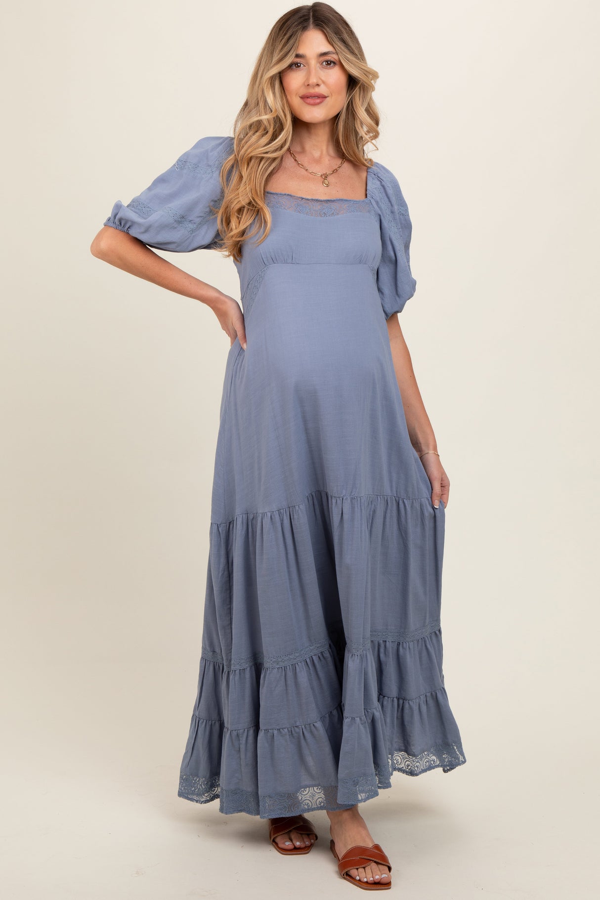 Blue Lace Insert Maternity Maxi Dress from PinkBlush