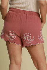 Umgee Full Size Linen Blend Shorts with Floral Embroidered Details Plus Size from Enfance-Heureuse