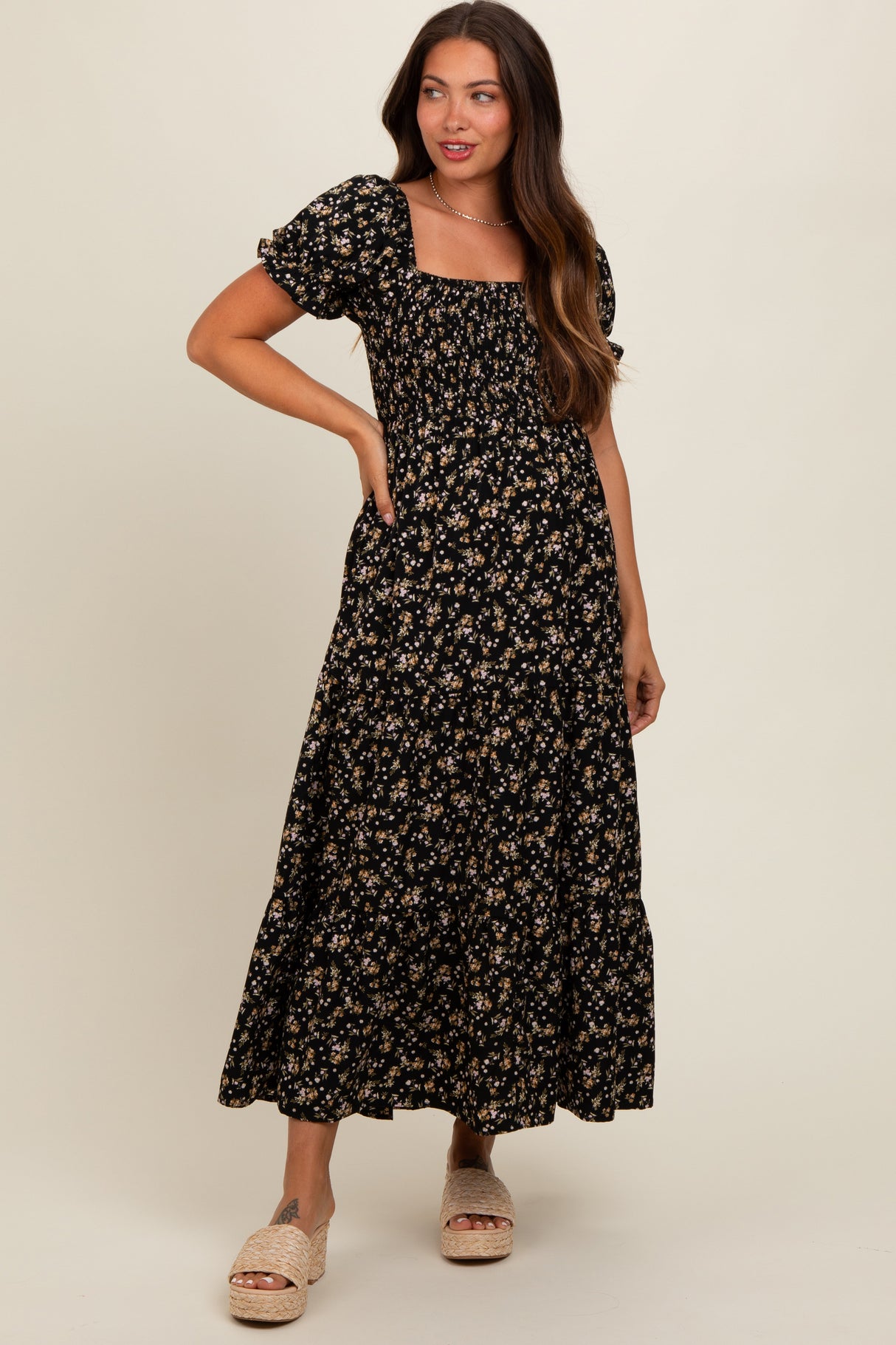 Black Floral Midi Maternity Dress from PinkBlush