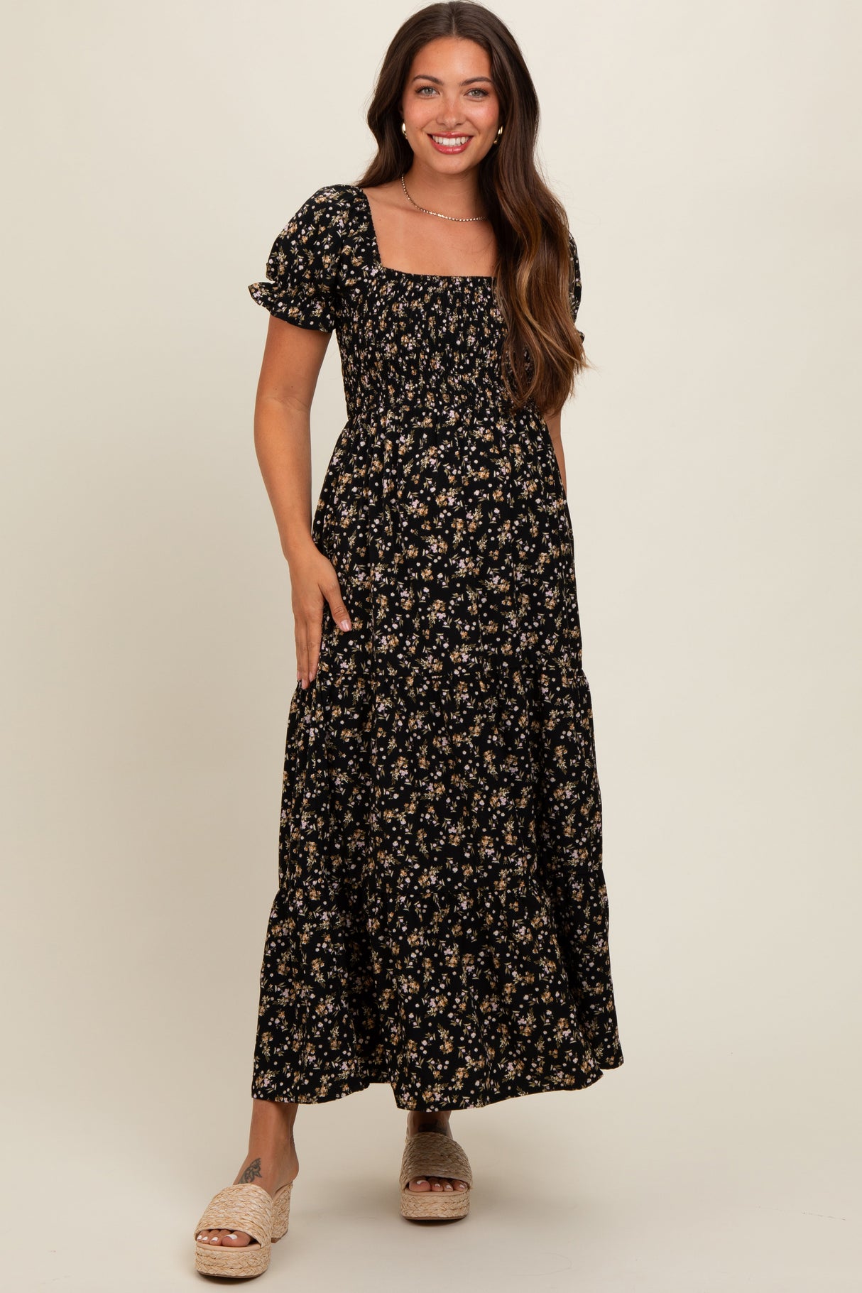 Black Floral Midi Maternity Dress from PinkBlush