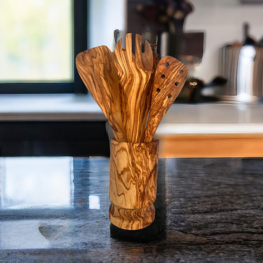 Olive Wood Kitchen Servers Set w/Holder -6 Pcs from Choixe
