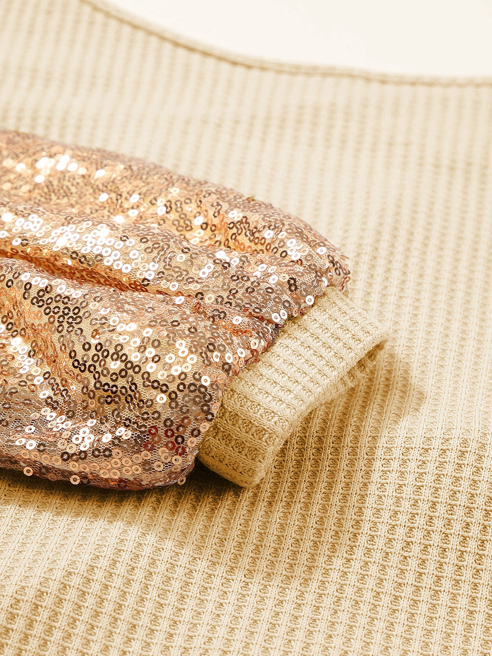 Apricot Sequin Patchwork Waffle Knit Open Back Top with Long Sleeves from MsDressly