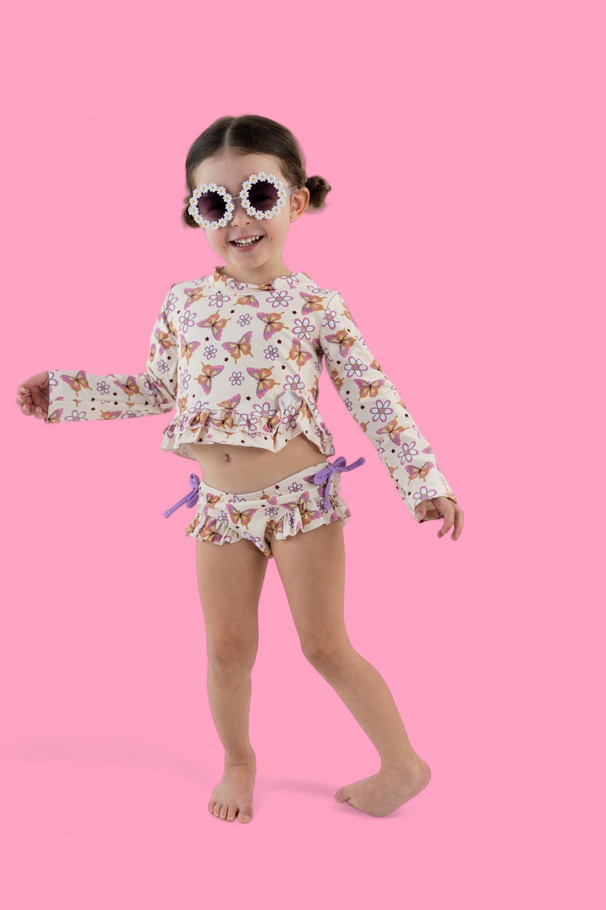 BLOSSOMIN’ BUTTERFLY DREAM 2-PIECE RASH GUARD RUFFLE SWIM SUIT from DREAM BIG LITTLE CO