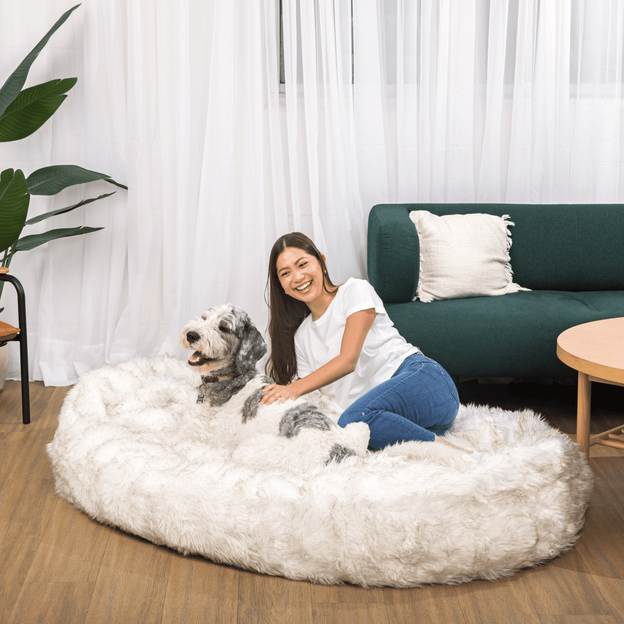 PupCloud™ Human-Size Faux Fur Memory Foam Dog Bed - White with Brown Accents From Paw.com