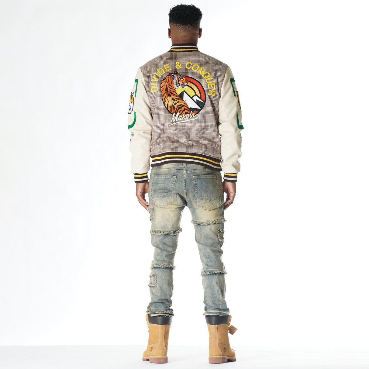M4315 Vercelli Plaid Varsity Jacket - Khaki From Makobi Jeans USA