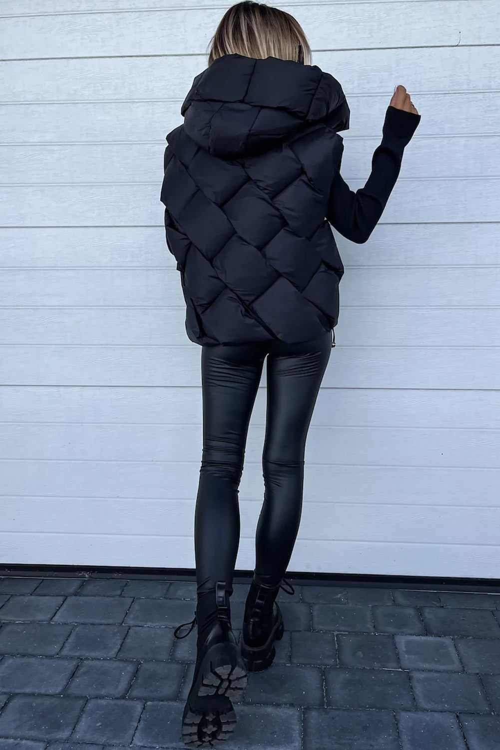 Black Quilted Zipper Front Hooded Vest Coat From MsDressly