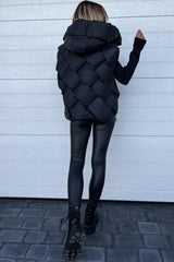 Black Quilted Zipper Front Hooded Vest Coat From MsDressly
