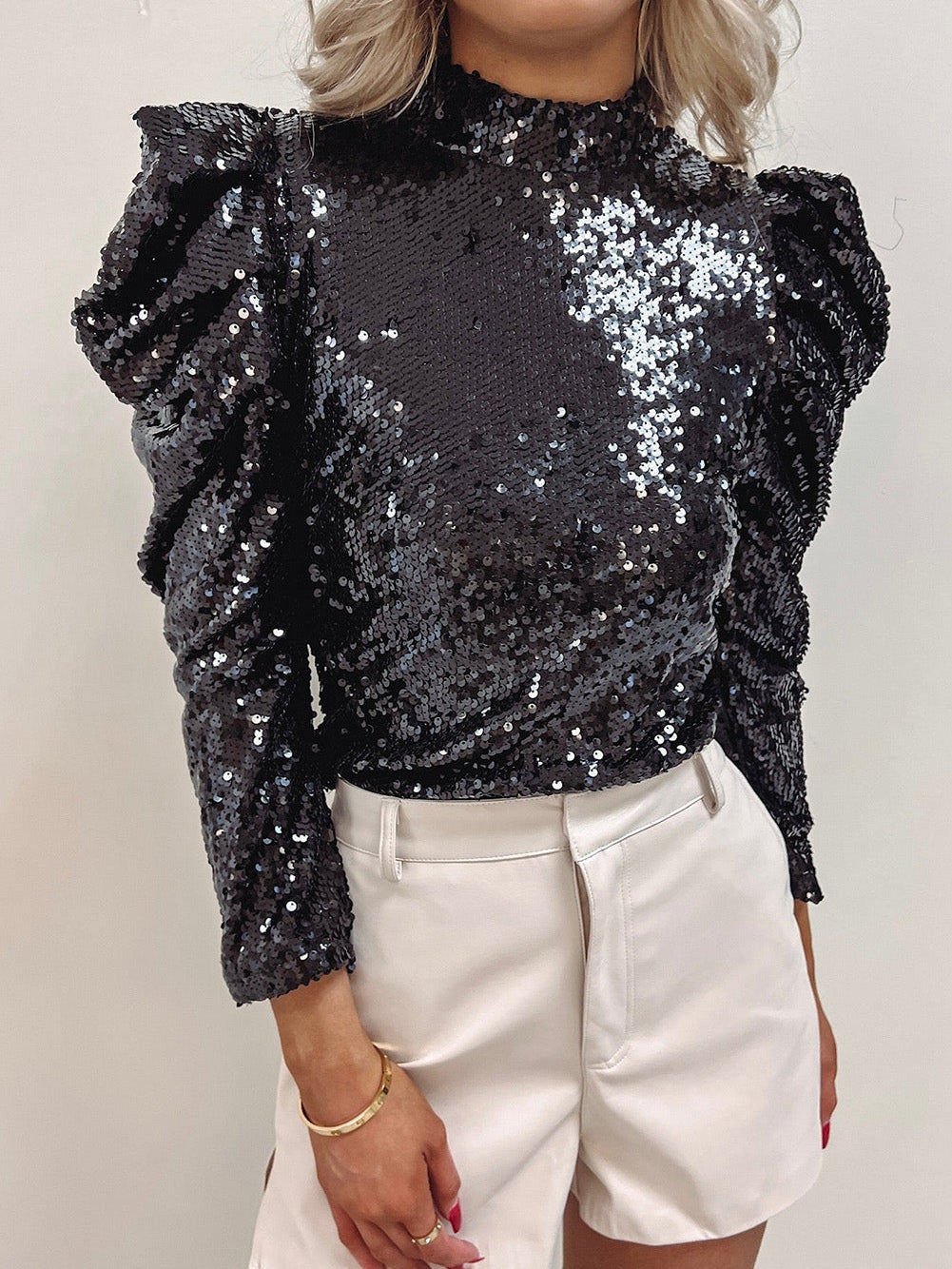 Black Puff Sleeve Sequin Blouse from MsDressly