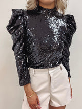Black Puff Sleeve Sequin Blouse from MsDressly