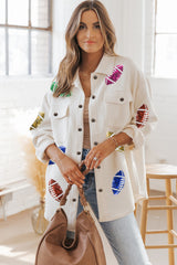 Beige Sequin Rugby Football Textured Knit Collared Game Day Shirt Jacket from MsDressly