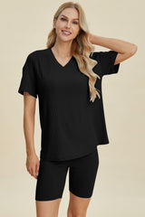 Basic Bae Full Size Ribbed V-Neck Short Sleeve Top and Shorts Set from Enfance-Heureuse