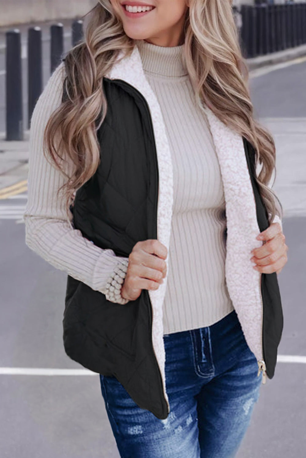 Black Fleece Lined Quilted Zip up Vest Coat From MsDressly