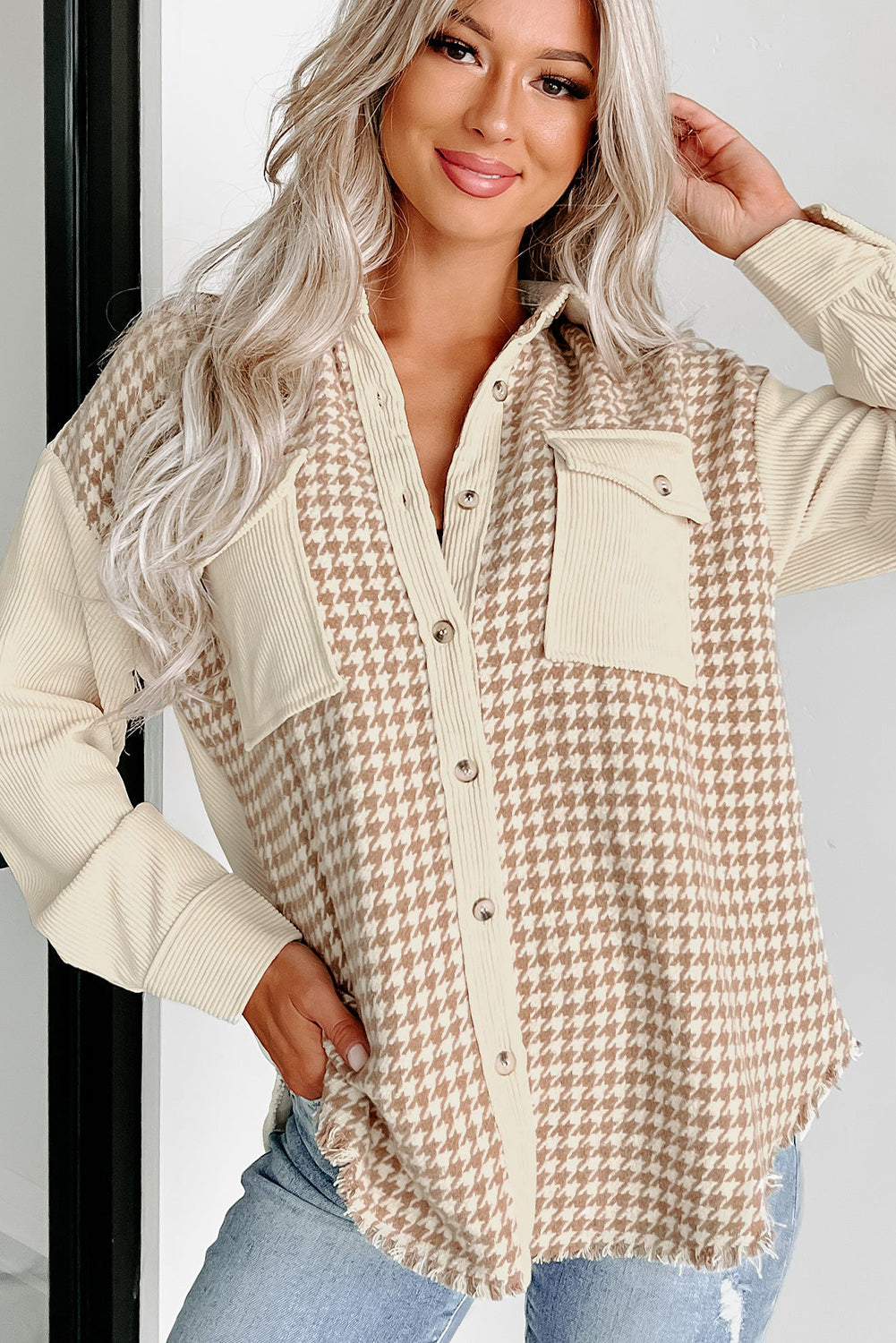 Beige Houndstooth Corduroy Jacket from MsDressly