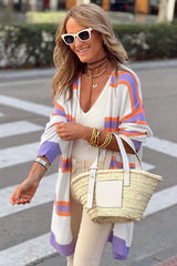Beige Button-Up Striped Cardigan with Ribbed Trim and Long Sleeves from MsDressly