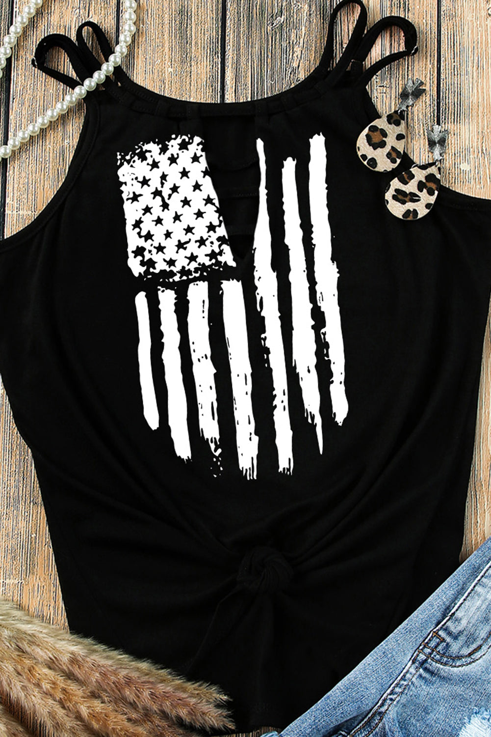 Black American Flag Print Cut Out Spaghetti Strap Tank Top From MsDressly